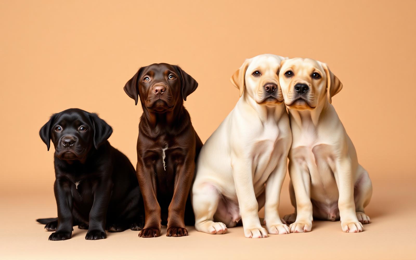 Cachorros Labrador Retriever dorado, chocolate, negro y blanco juntos
